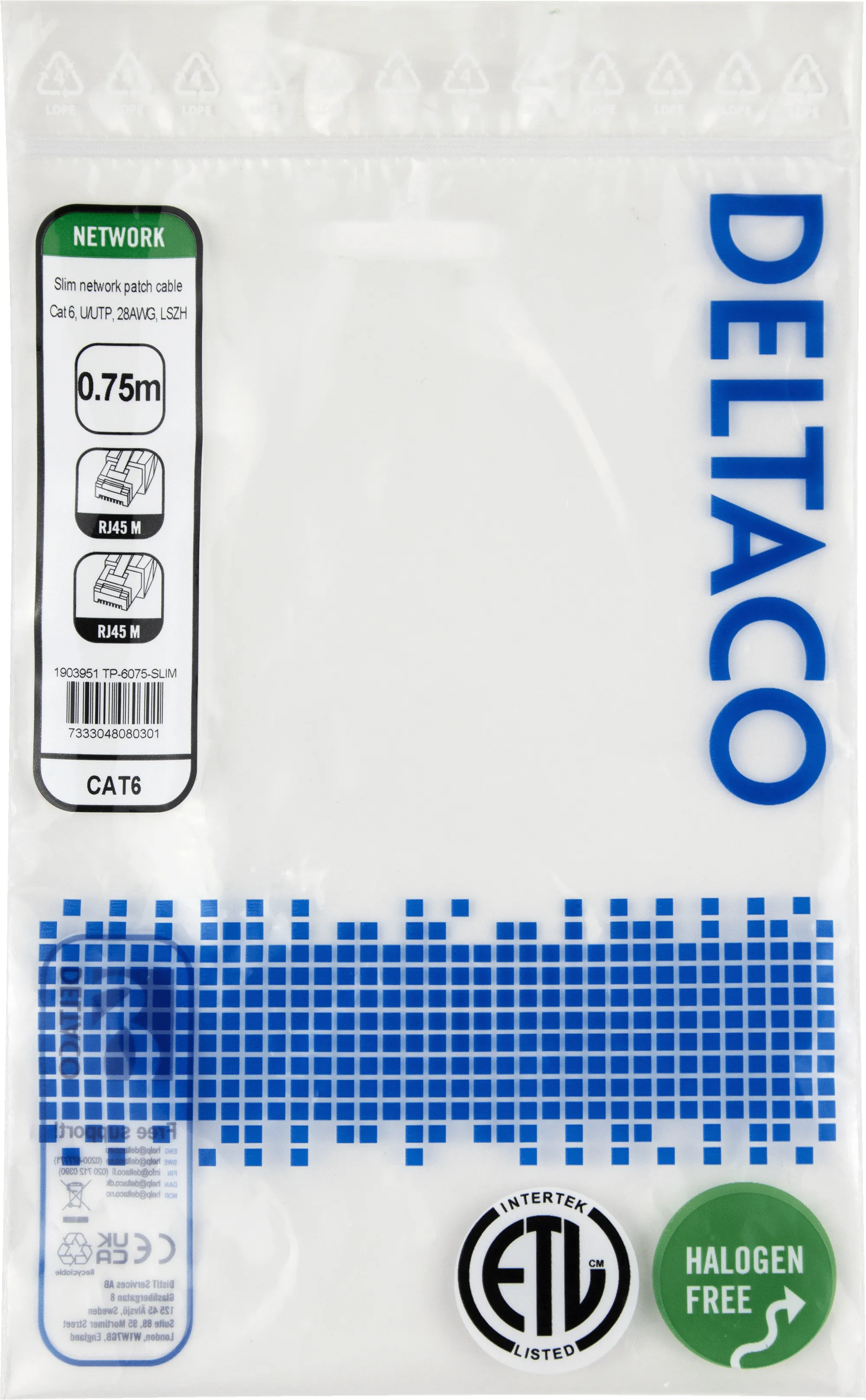 Deltaco Cat6 UTP RJ45 0.75m Network Cable, Grey