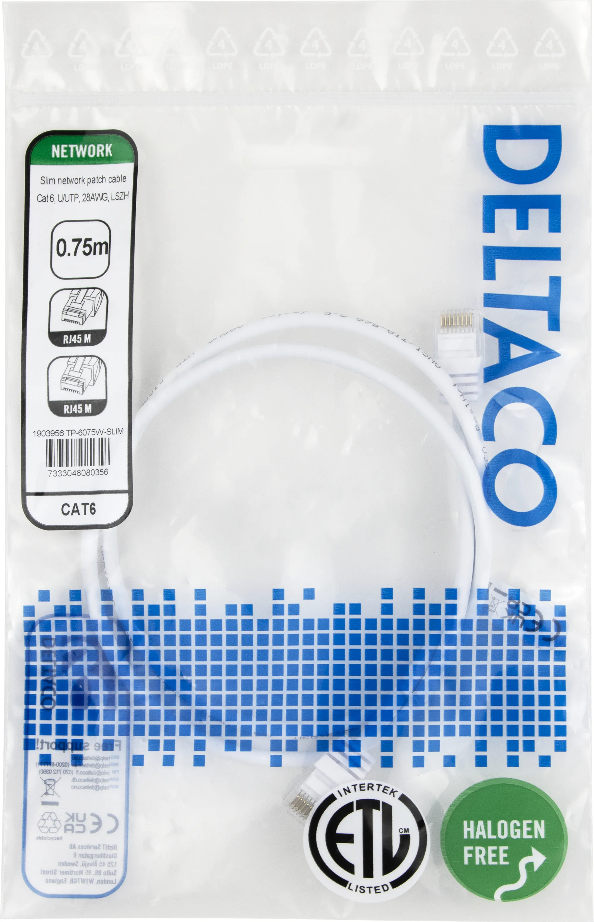 Deltaco Cat6 UTP RJ45 0.75m Network Cable, White