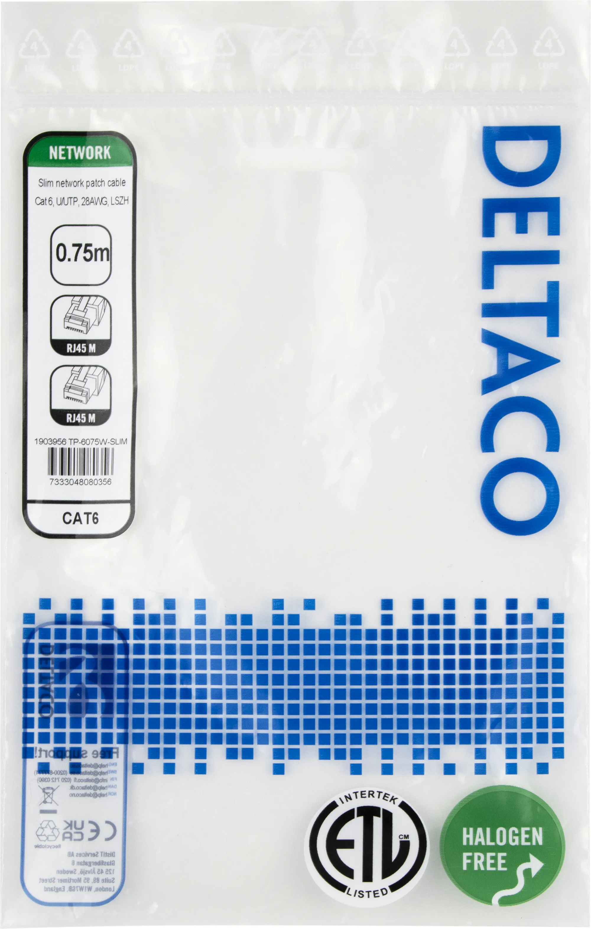Deltaco Cat6 UTP RJ45 0.75m Network Cable, White