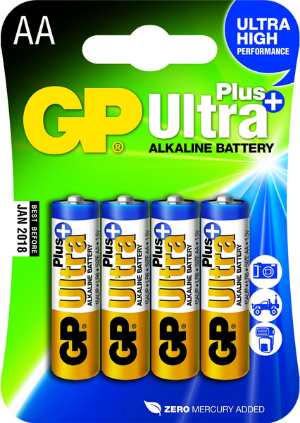 GP Ultra Plus Battery, Size AA, LR6, 1.5V, 4-pack