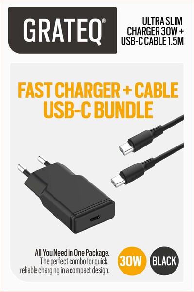 GRATEQ RAKKA CHARGER 30W + CABLE 1.5M BUNDLE BLACK