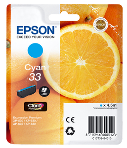Epson 33 - 4.5 ml - sinivihre&auml; - alkuper&auml;inen - kuplapakkaus - mustepatruuna malleihin Expression Home XP-635, 830, Expression Premium XP-530, 540, 630, 635, 64