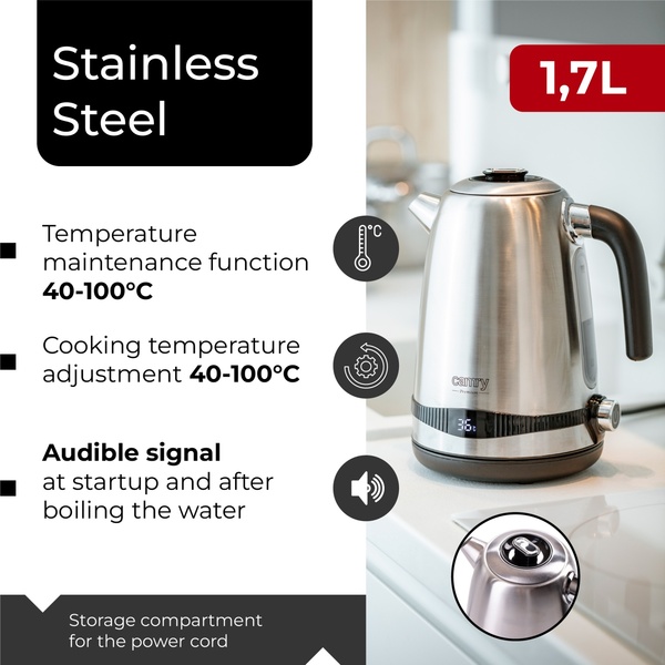 Camry CR 1291 kettle, 1.7L, 2200W, Black/Stainless steel