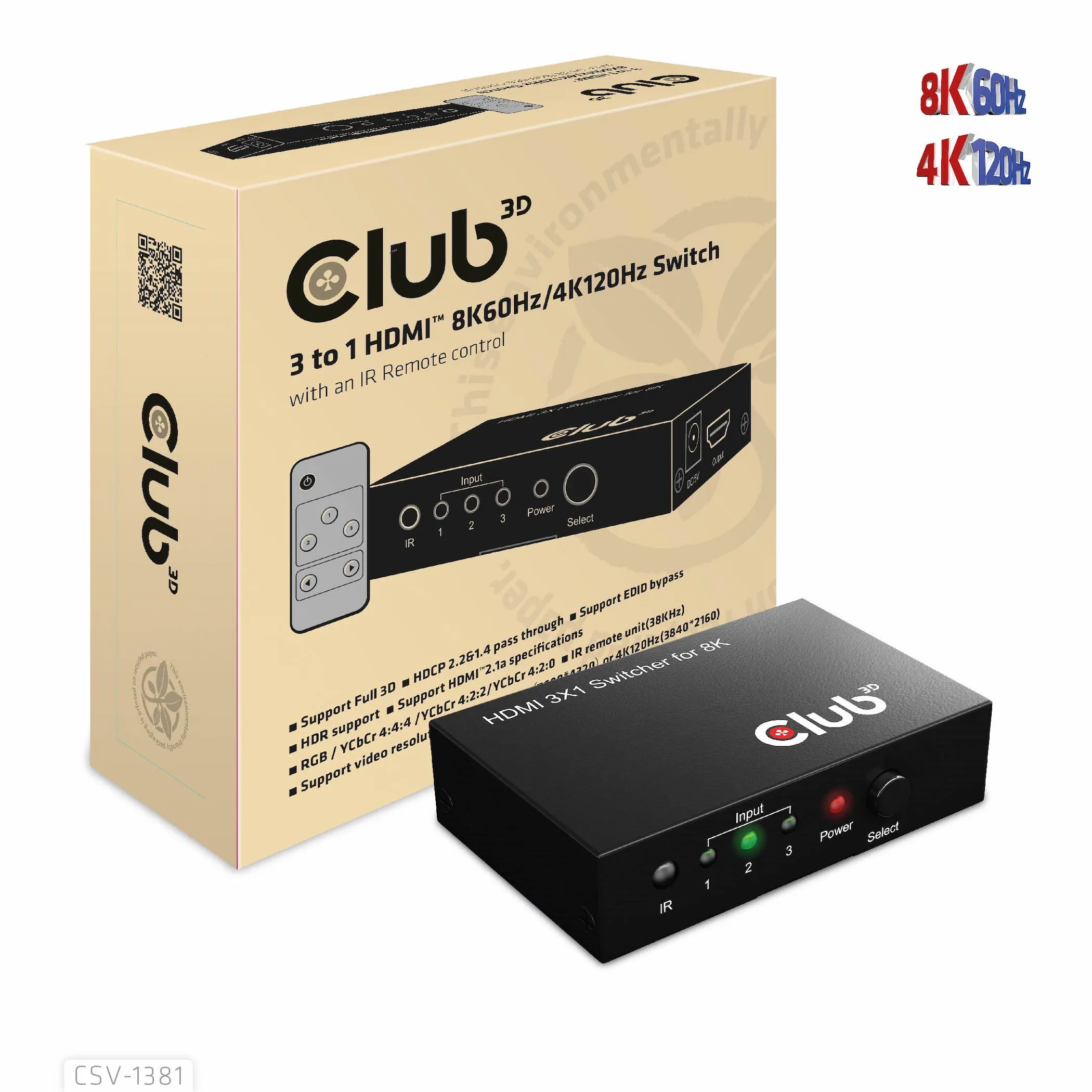 Club 3D 3 - 1 HDMI 8K60Hz/4K120Hz - switch, Svart Club 3D 3 - 1 HDMI 8K60Hz/4K120Hz - switch, Svart
