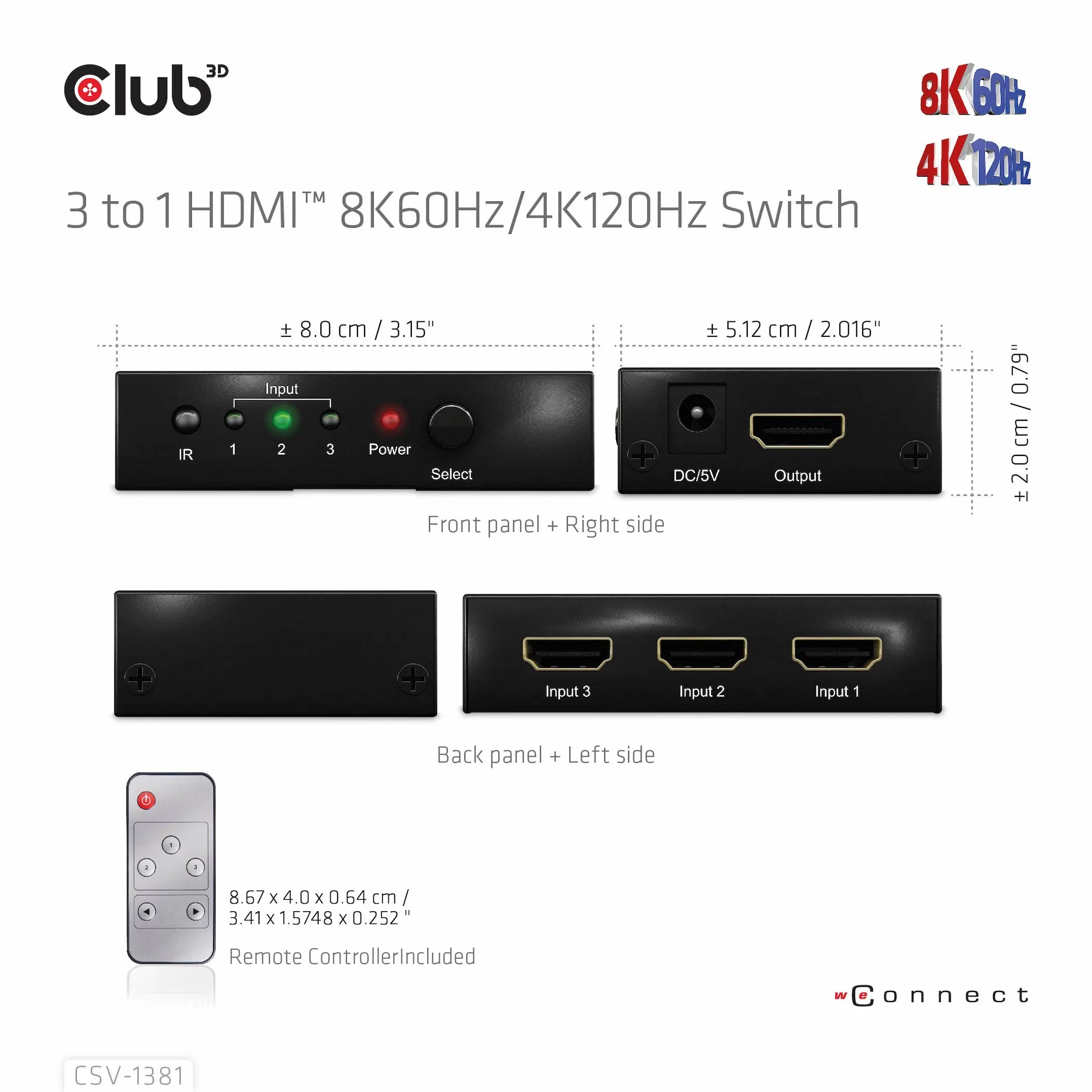 Club 3D 3 - 1 HDMI 8K60Hz/4K120Hz - switch, Svart Club 3D 3 - 1 HDMI 8K60Hz/4K120Hz - switch, Svart