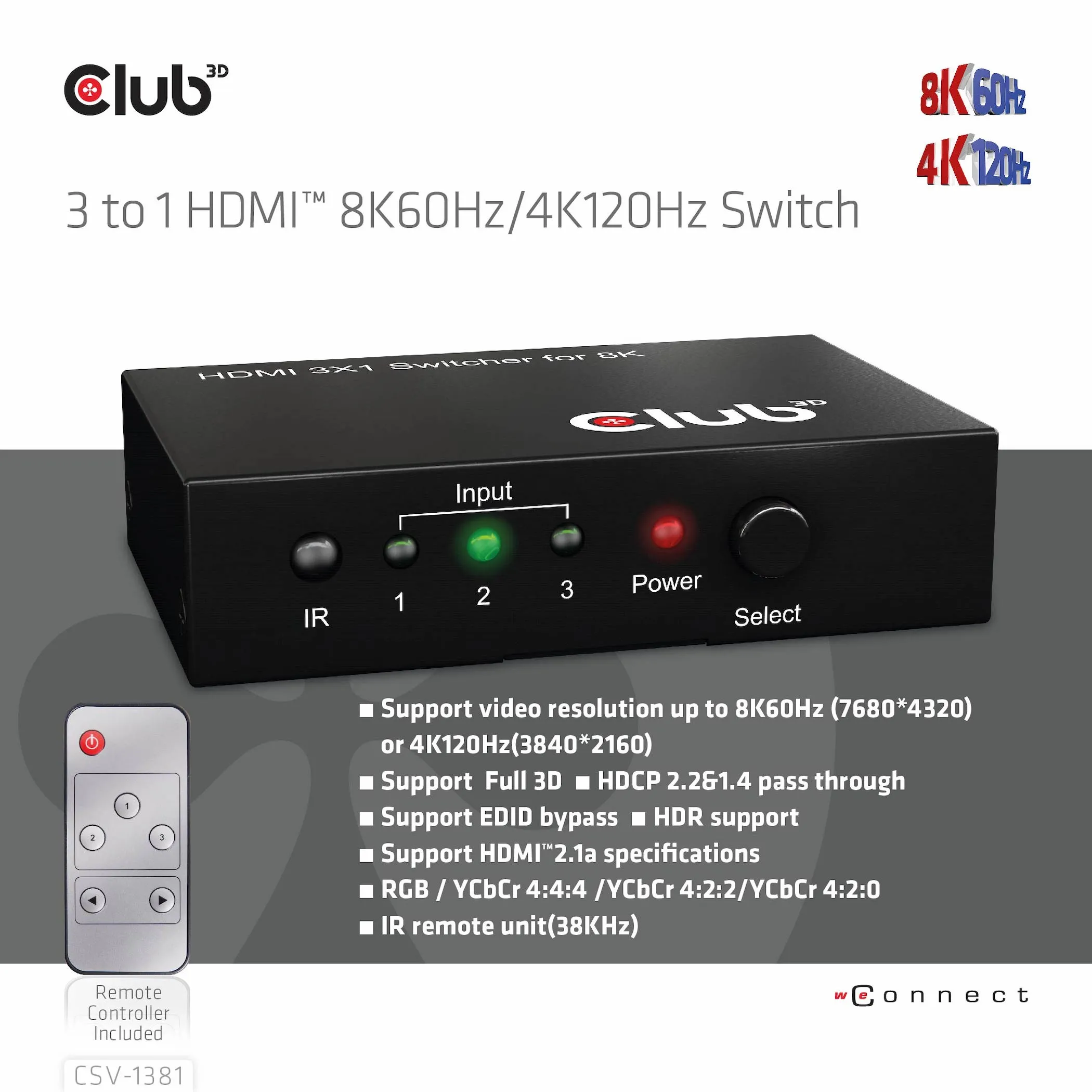 Club 3D 3 - 1 HDMI 8K60Hz/4K120Hz - switch, Svart Club 3D 3 - 1 HDMI 8K60Hz/4K120Hz - switch, Svart