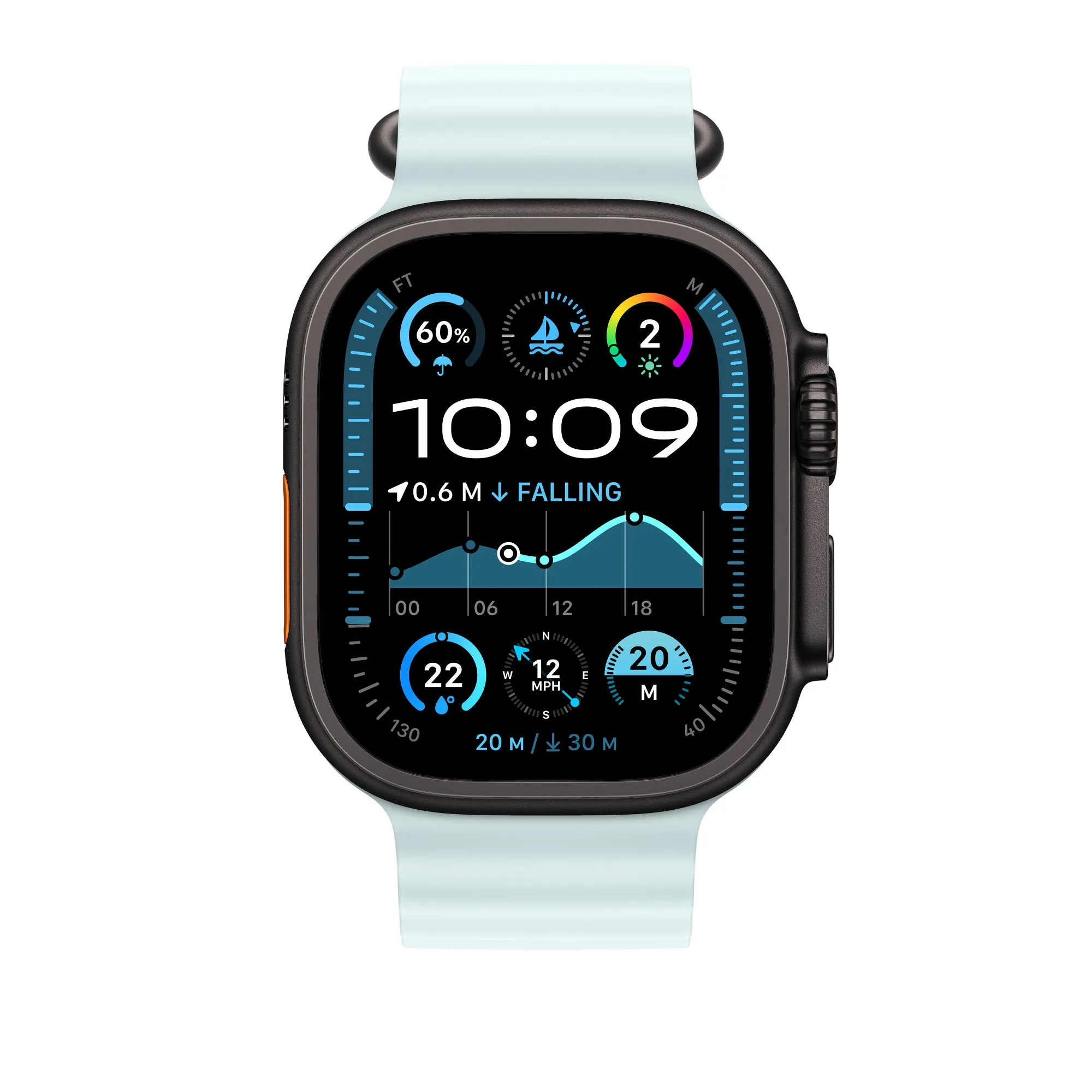 Apple Watch 49 mm -Ocean-ranneke, Jään­sininen / Mustatitaani