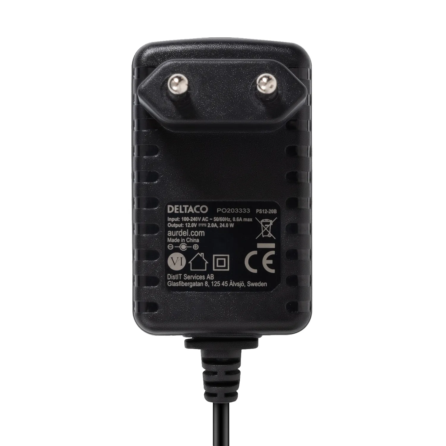DELTACO power supply, 100-240 V to 12V 2A, black