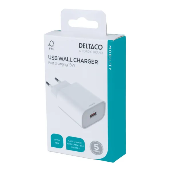 Deltaco 18W USB-A - charger, White