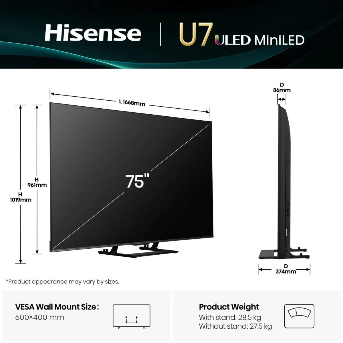 Hisense 75U7Q 75&quot; 4K Mini-LED VIDAA TV, 144 Hz, Dolby Vision, HDR10+