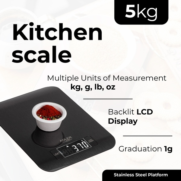 Adler AD 3183b Kitchen Scale, 5 kg, 1 g, Black
