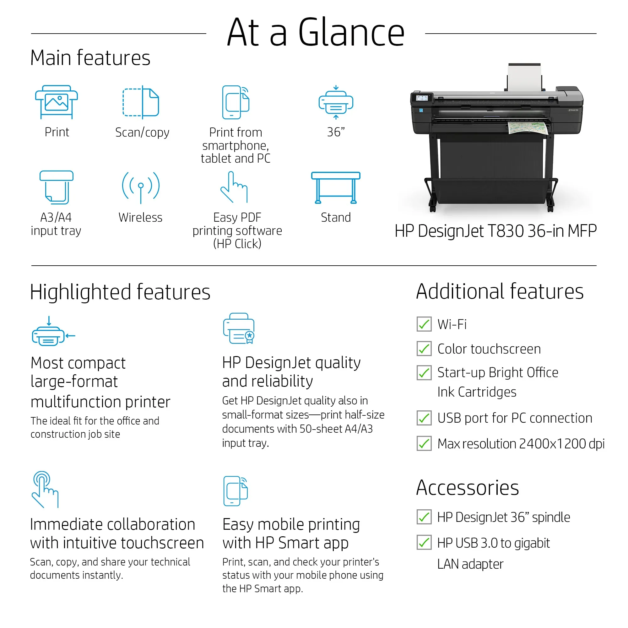 HP DesignJet T830 - 24&quot; monitoimitulostin - v&auml;ri - mustesuihku - 610 x 2770 mm (alkuper&auml;inen) - Rulla (61 cm) (media) - jopa 0.43 min/sivu (tulostus) - 1 rulla