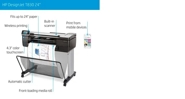 HP DesignJet T830 - 24&quot; monitoimitulostin - v&auml;ri - mustesuihku - 610 x 2770 mm (alkuper&auml;inen) - Rulla (61 cm) (media) - jopa 0.43 min/sivu (tulostus) - 1 rulla