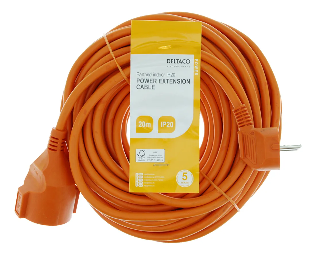 Deltaco extension cable, indoor-use, grounded, IP20, 20m, Orange