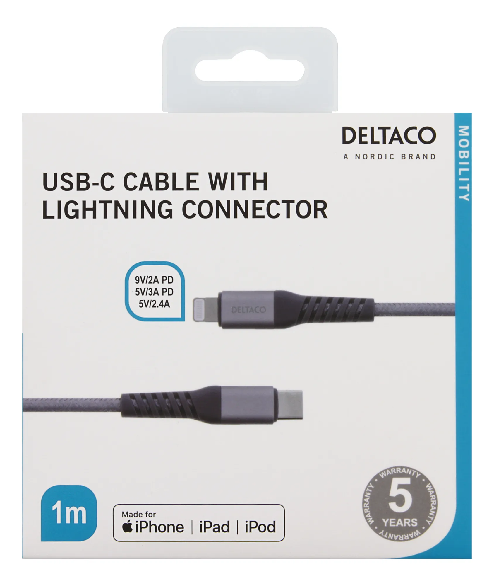 Deltaco Braided USB-C - Lightning - cable, 1 m, Grey