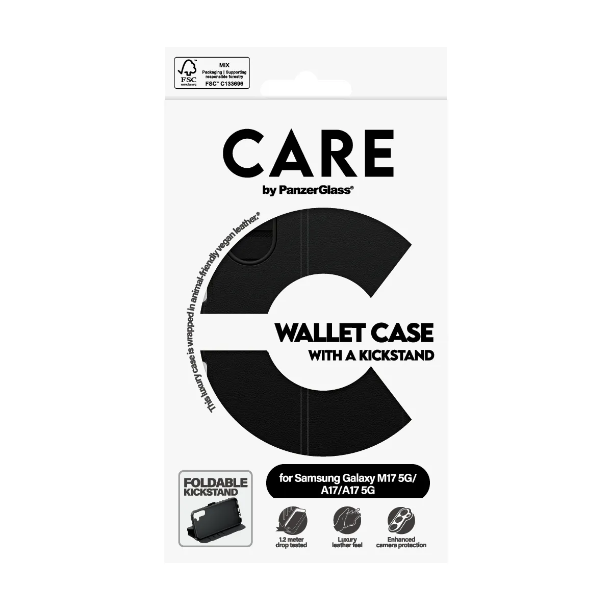 PanzerGlass Care Wallet Kickstand, Galaxy A17 / M17 -lompakkokotelo, musta
