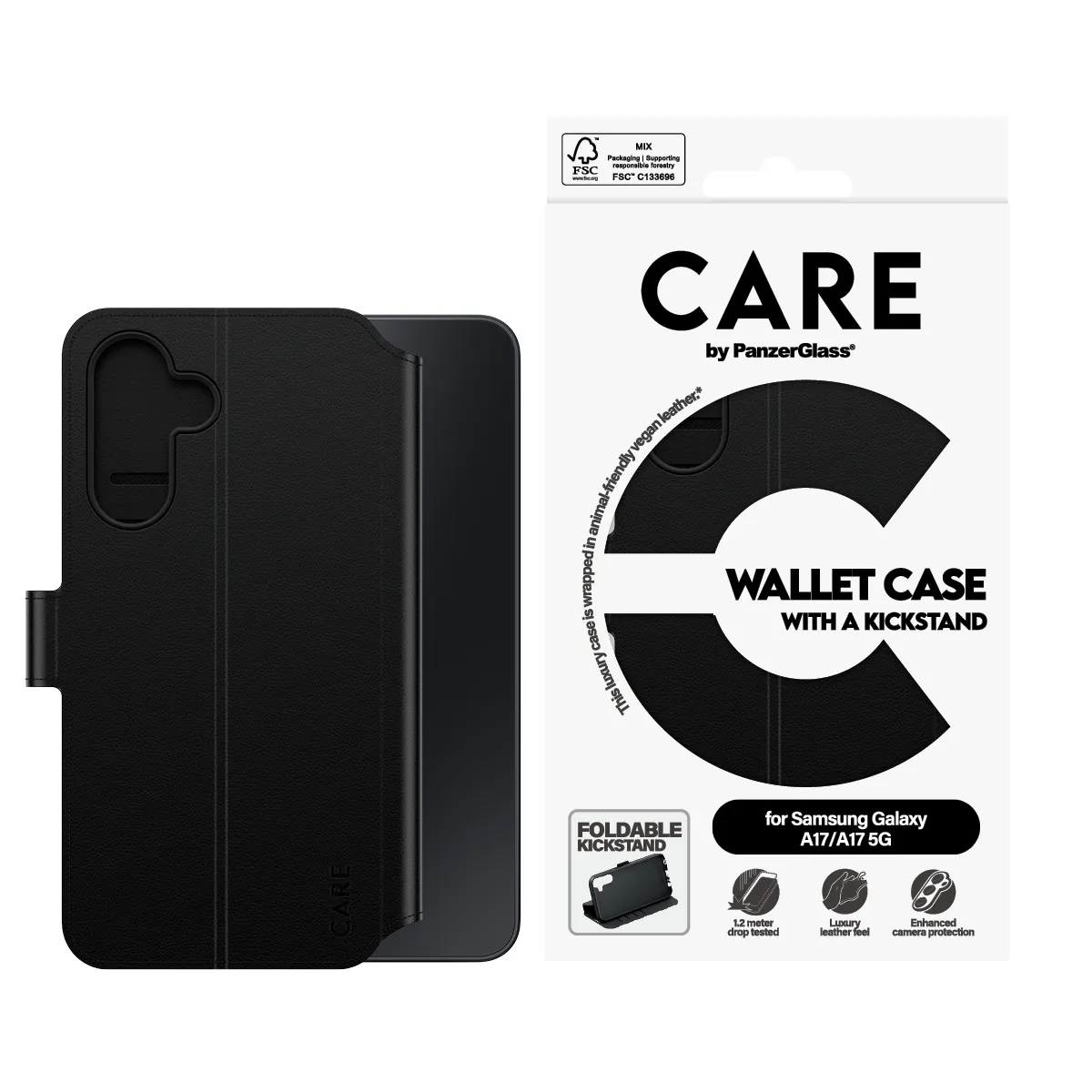 PanzerGlass Care Wallet Kickstand, Galaxy A17 / M17 -lompakkokotelo, musta