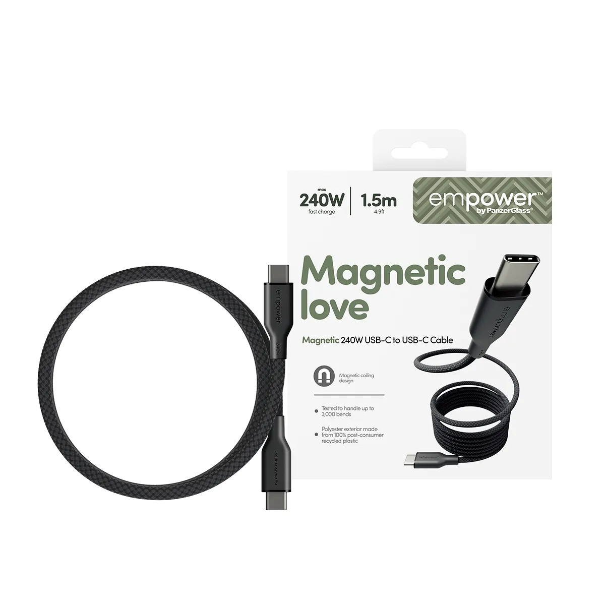 PanzerGlass empower Magnetic USB-C cable, 240W, 1.5 m, Transparent