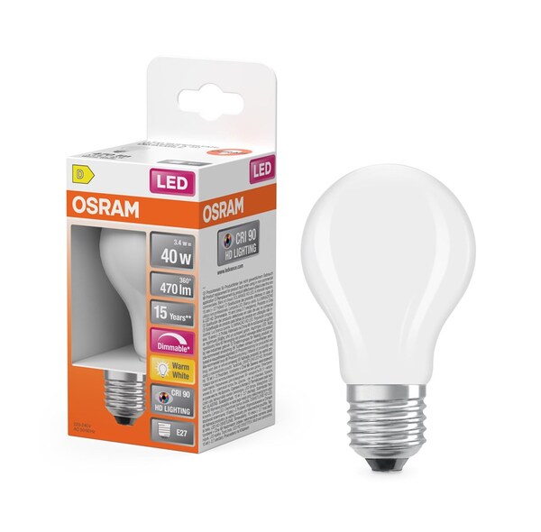 OSRAM LED Standard Frostad 470 lumen 3.4 watt (40 watt) E27 dimbar varmvit