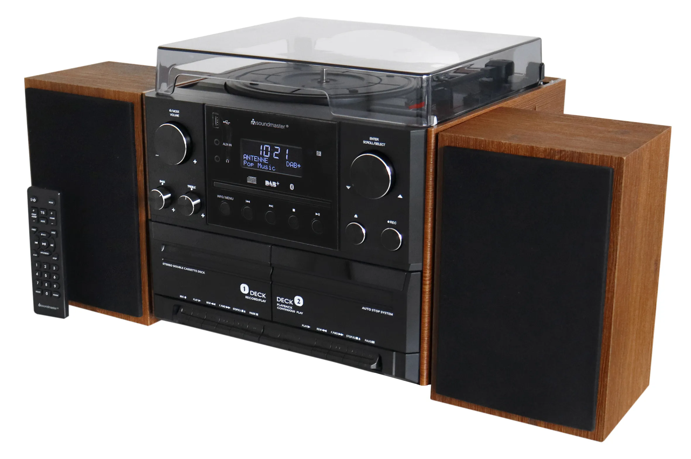 Soundmaster MCD5600BR Stereo Music Centre with Turntable, Double Cassette Deck, DAB+/FM Radio, CD Player, Bluetooth and USB, Brown