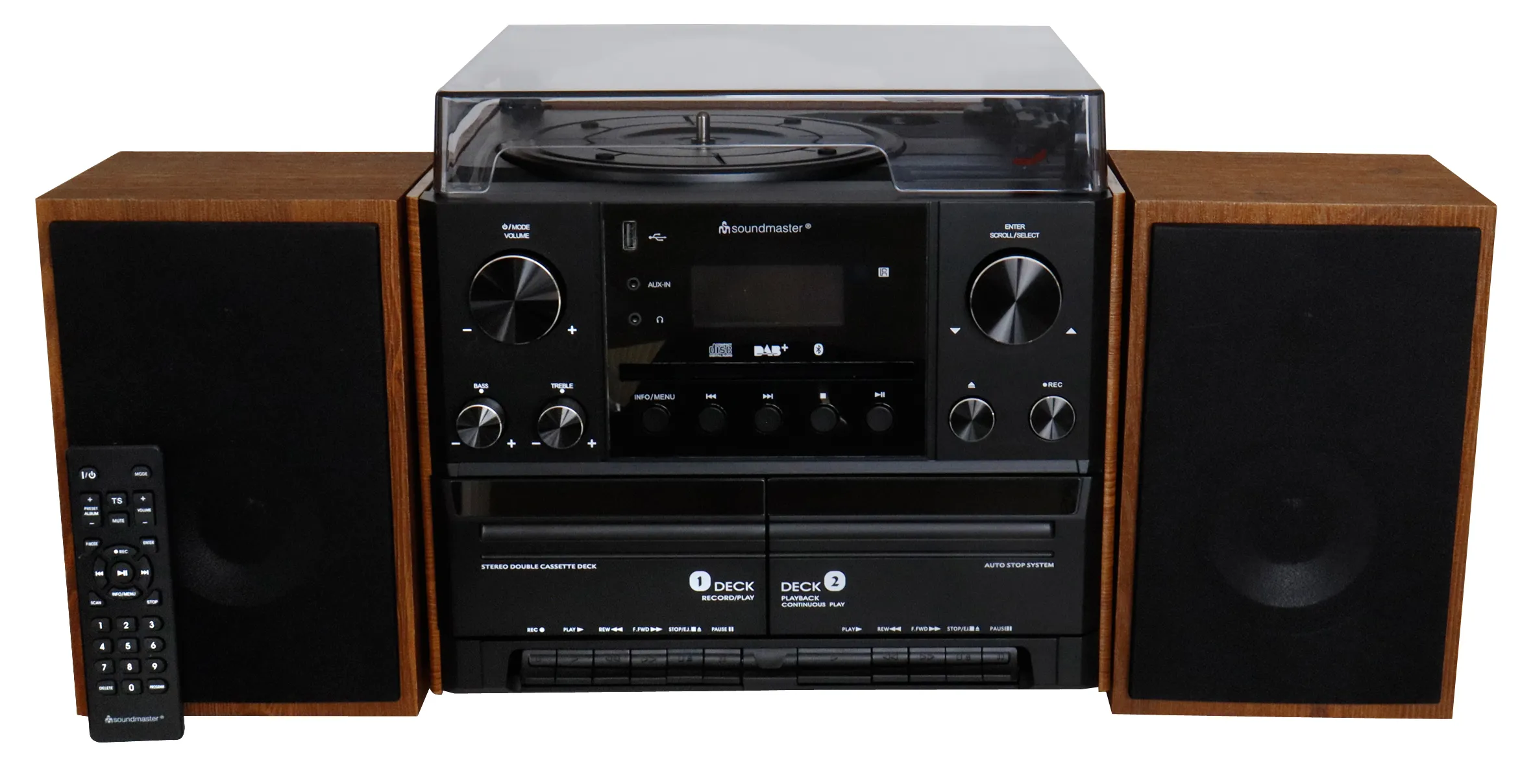 Soundmaster MCD5600BR Stereo Music Centre with Turntable, Double Cassette Deck, DAB+/FM Radio, CD Player, Bluetooth and USB, Brown