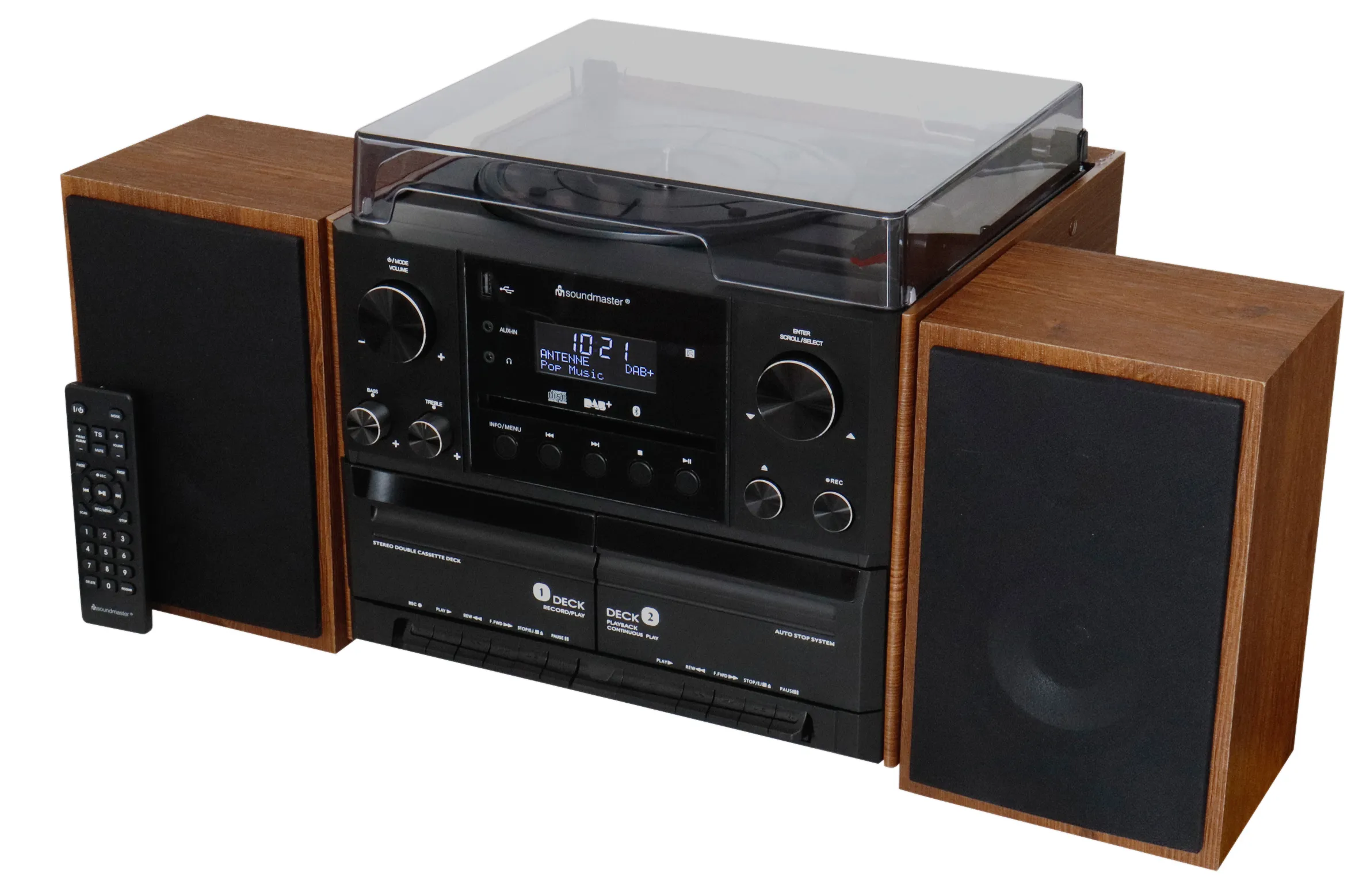 Soundmaster MCD5600BR Stereo Music Centre with Turntable, Double Cassette Deck, DAB+/FM Radio, CD Player, Bluetooth and USB, Brown
