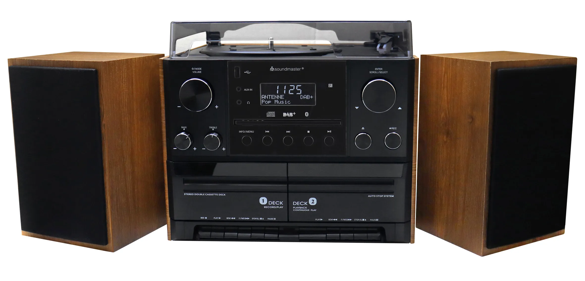 Soundmaster MCD5600BR Stereo Music Centre with Turntable, Double Cassette Deck, DAB+/FM Radio, CD Player, Bluetooth and USB, Brown