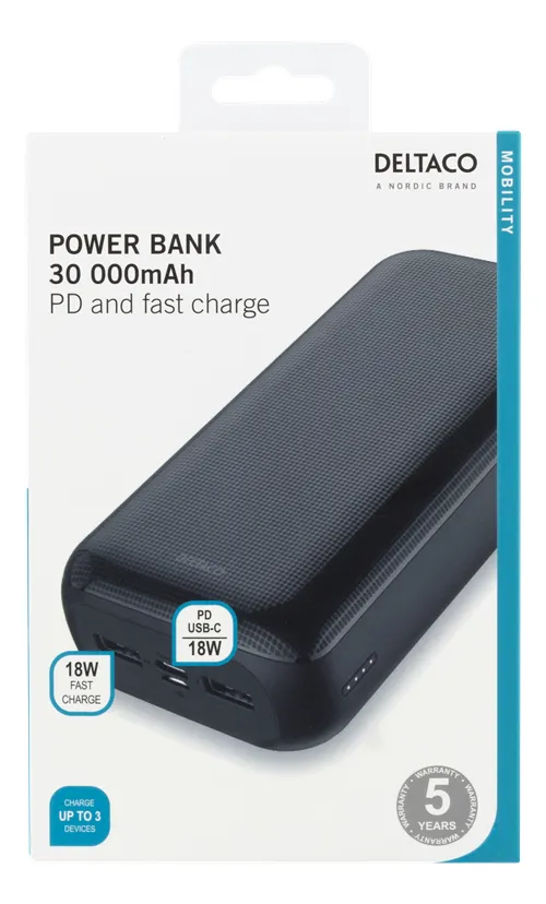 Deltaco 30000mAh, USB-C, 2x USB-A - Powerbank, Black