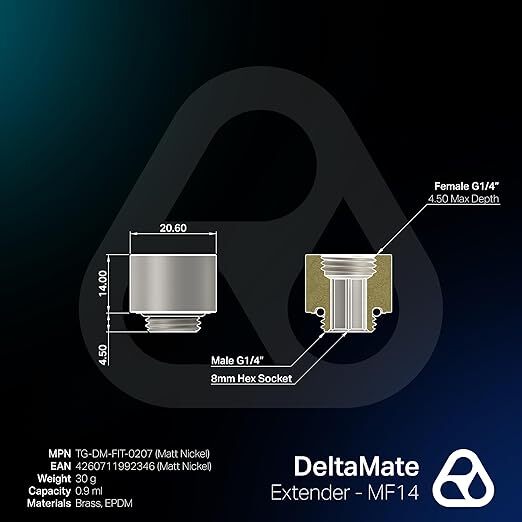 Thermal Grizzly DeltaMate Extender MF14, Extender Fitting, 14 mm, Matt Nickel