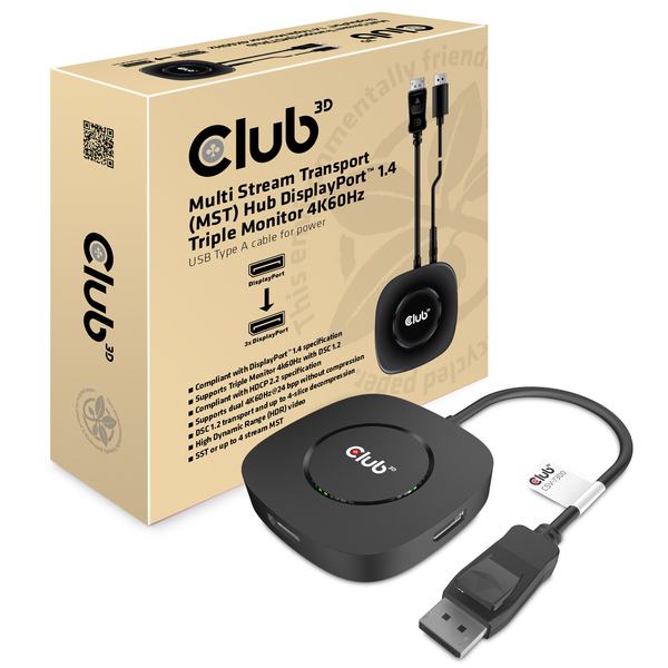 CLUB 3D Multi Stream Transport (MST) Hub DisplayPort 1.4 Triple Monitor