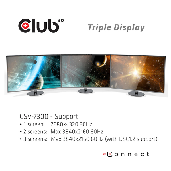 CLUB 3D Multi Stream Transport (MST) Hub DisplayPort 1.4 Triple Monitor