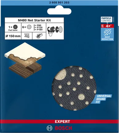 Bosch Expert M480 network structure sanding sheet set O 150mm, K80 / 120 / 180 (7 pieces, incl. Pad Saver, for eccentric sanders)