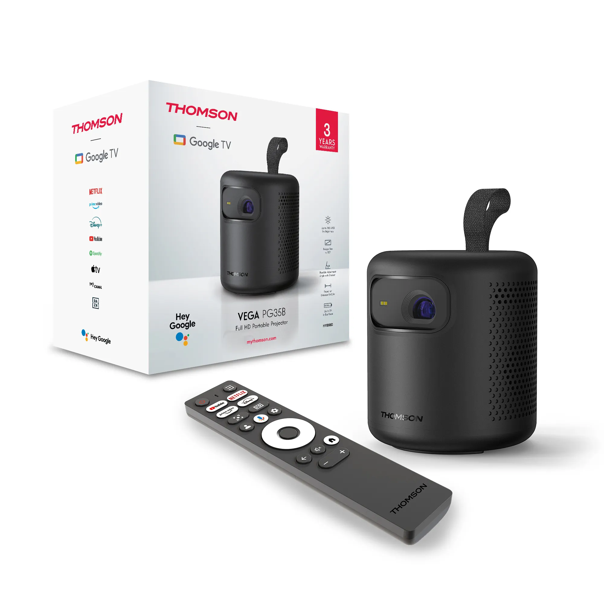 Thomson Vega PG35B Google TV Full HD 600 ANSI lm Portable LED Projector, Black