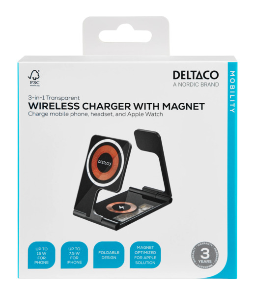 Deltaco 3-in-1 - wireless charger, transparent