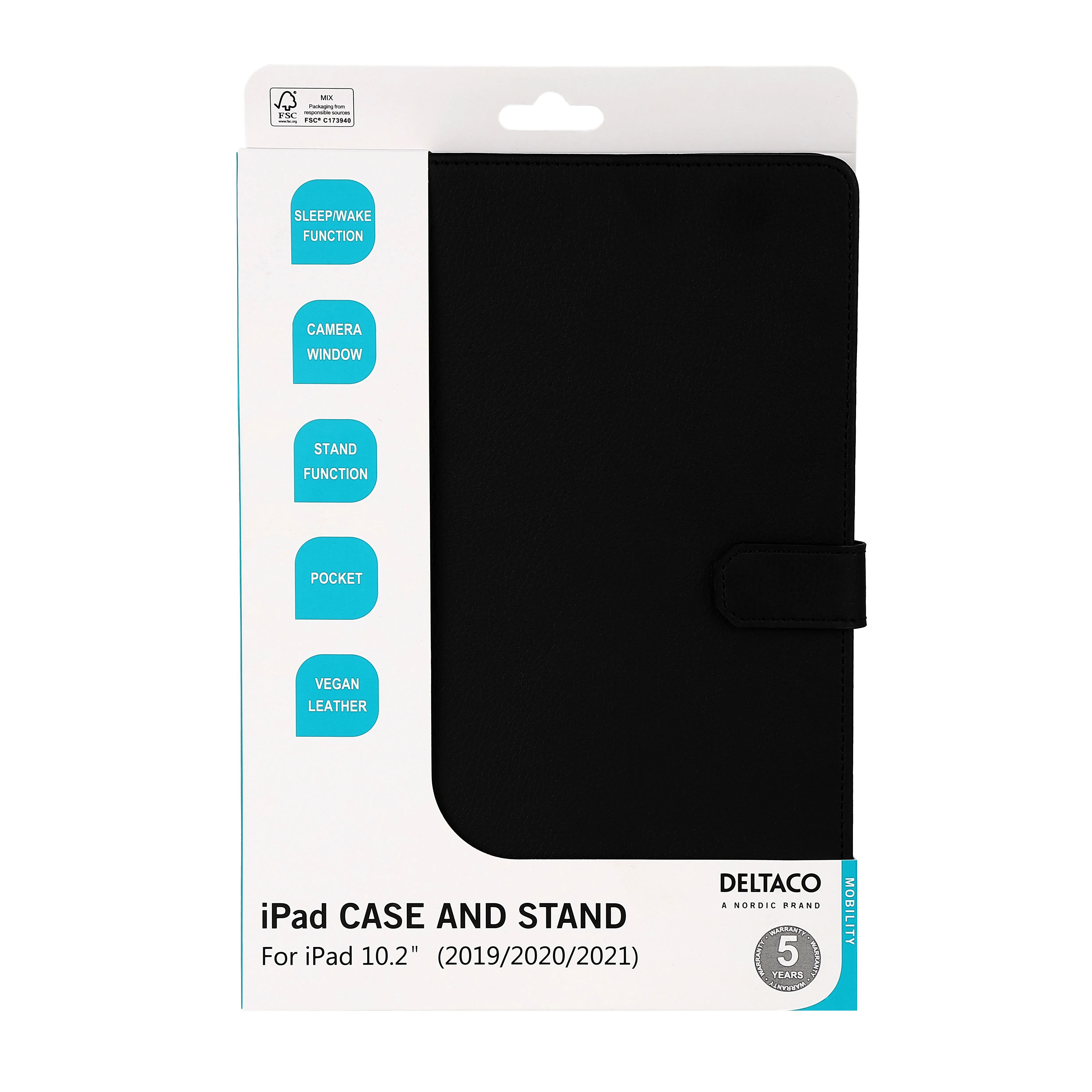DELTACO iPad 10.2" 2020 case, vegan leather, sleep/wake, stand