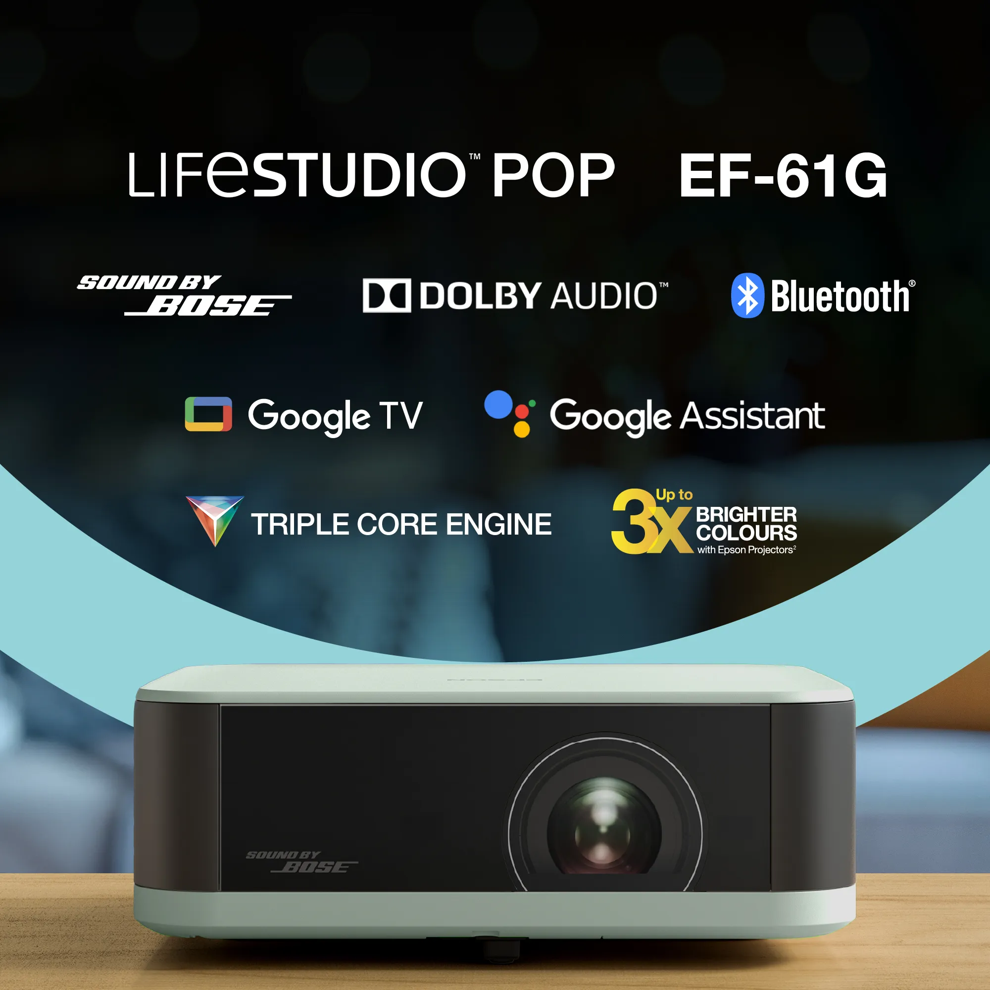 Epson Lifestudio Pop EF-61G Google TV 3LCD Full HD 700 ANSI lm Portable LED Projector, Ice Green