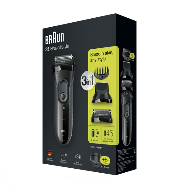 BRAUN PARRANAJOKONE 3000BT 3in1 - Shave &amp; Style SERIES-3. Partakone ja partatrimmeri samassa laitteessa. Mukana 7 erilaista ajop&auml;&auml;t&auml;! Todella monipuolinen parra