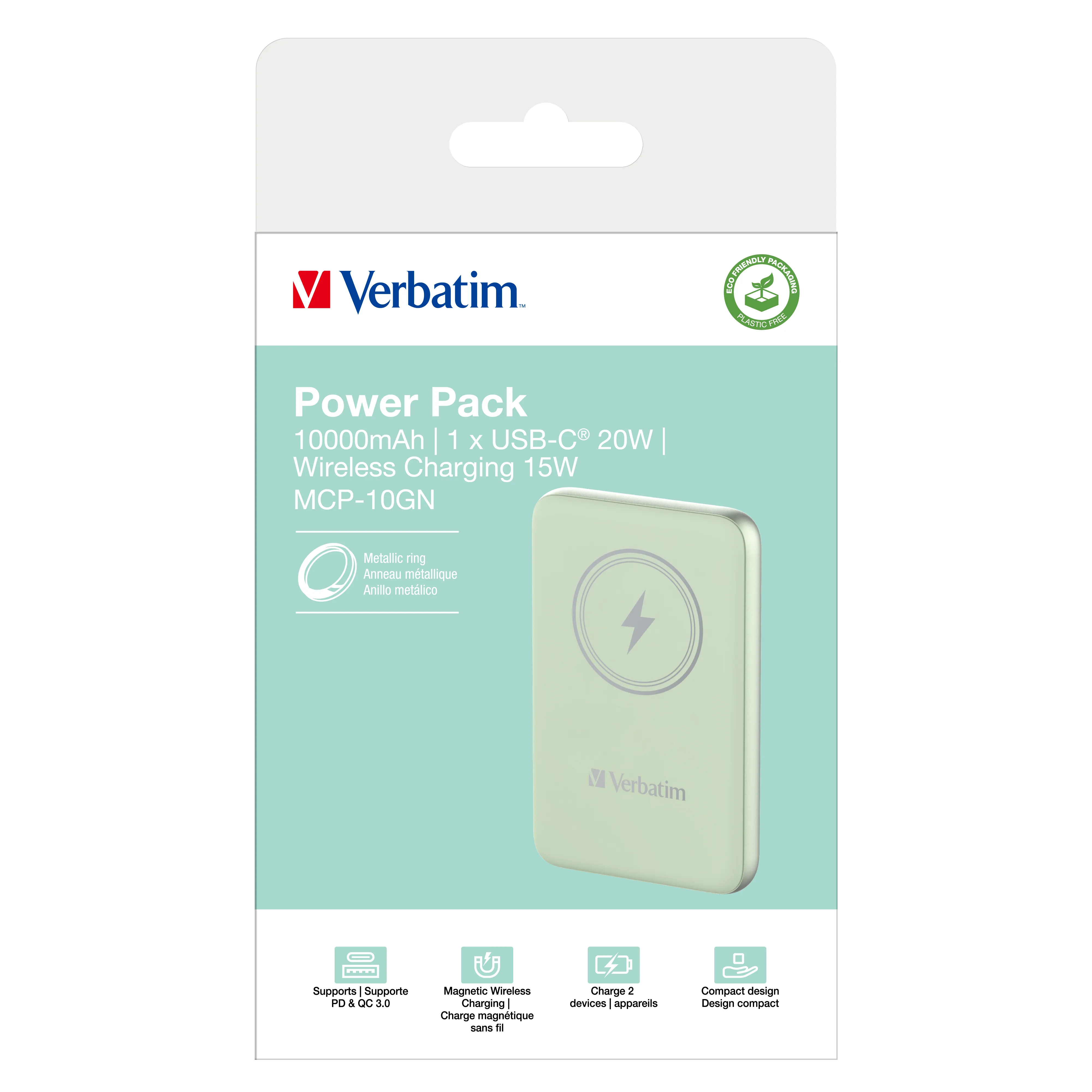 Verbatim Charge n Go Magnetic Wireless -varavirtal&auml;hde, 10000 mAh, Vihre&auml;