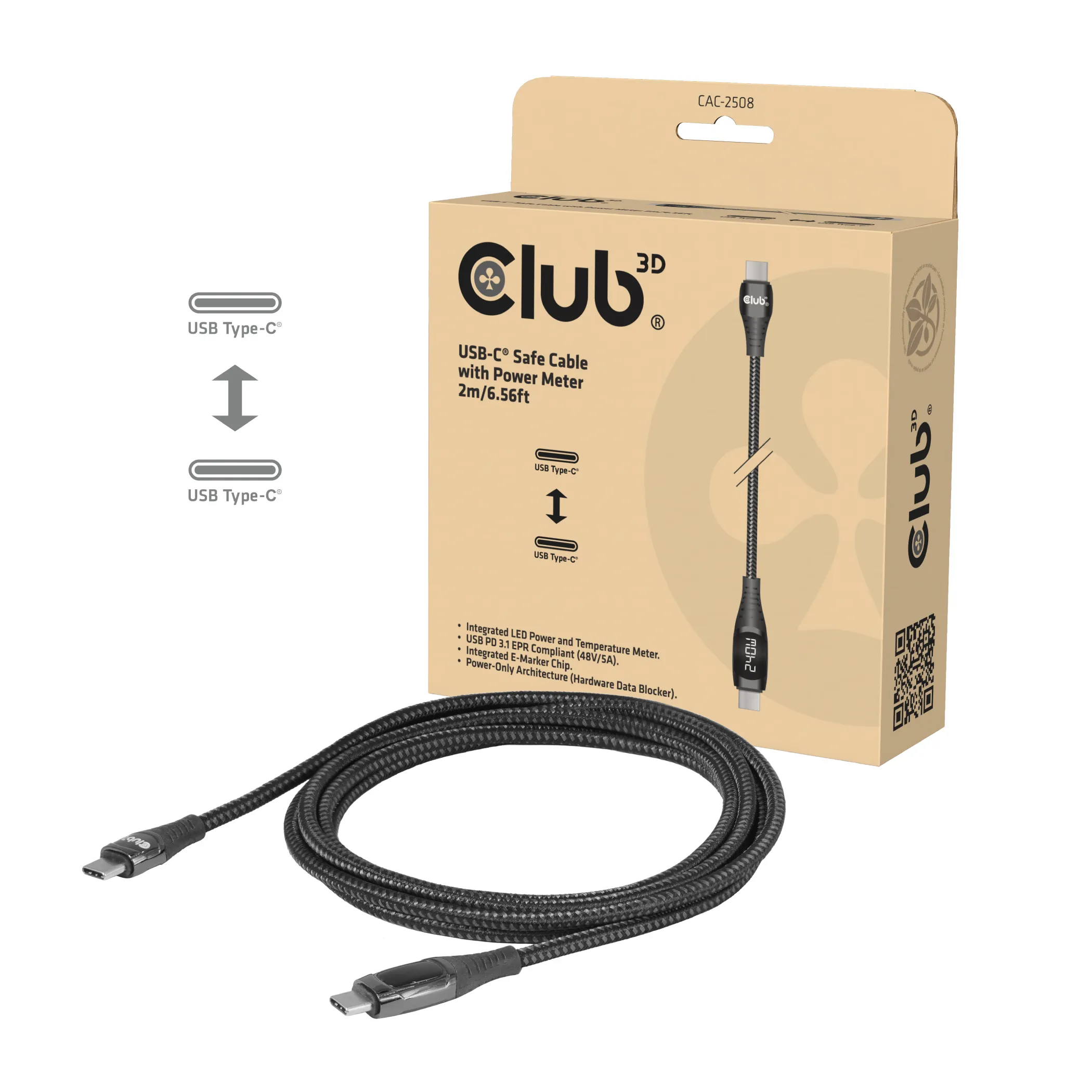Club 3D CAC-2508 USB-C -kaapeli, 240 W, 2 m, musta