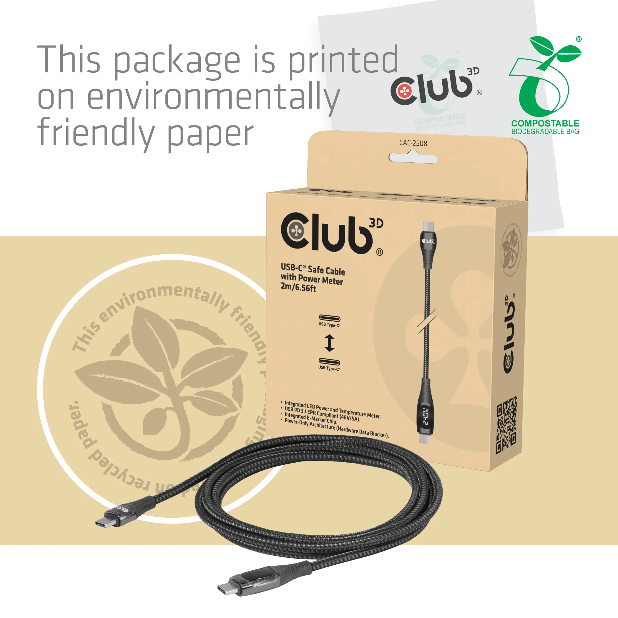 Club 3D CAC-2508 USB-C -kaapeli, 240 W, 2 m, musta