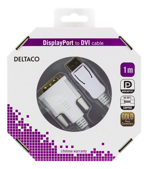 DELTACO DisplayPort till DVI monitorkabel, 20-pin ha -18+1 ha 1m, vit