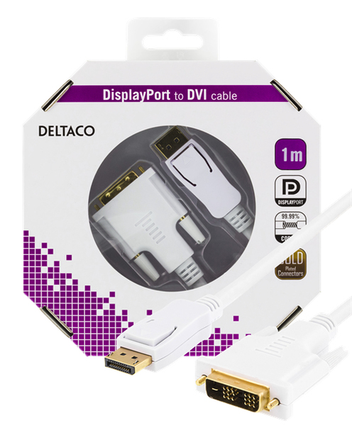 DELTACO DisplayPort till DVI monitorkabel, 20-pin ha -18+1 ha 1m, vit