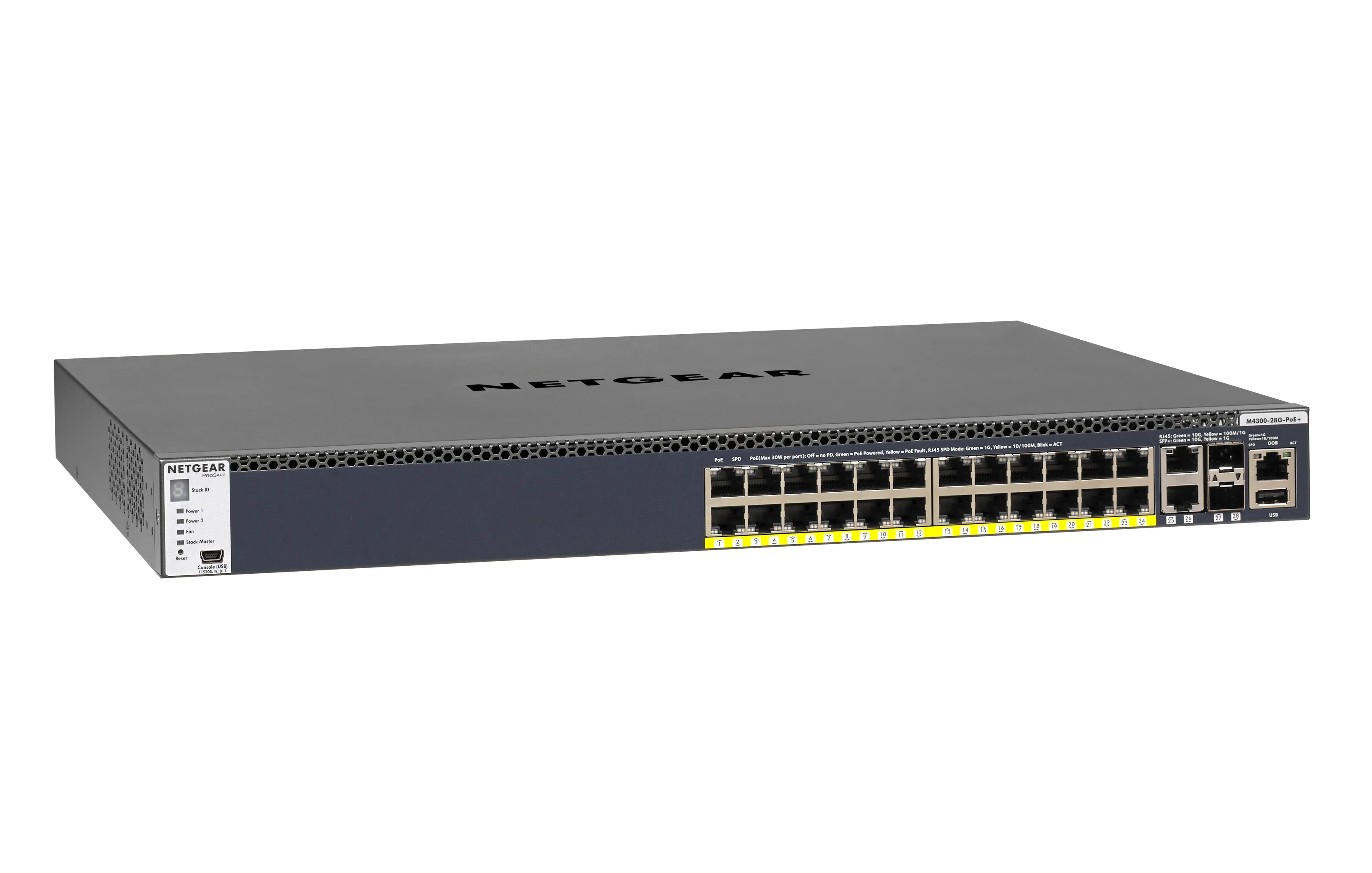 NETGEAR ProSAFE M4300-28G-PoE+ - Kytkin - L3 - Hallinnoitu - 2 x 10/100/1000/10000 + 2 x 10 Gigabit SFP+ + 24 x 10/100/1000 (PoE+) - r&auml;kkiin asennettava - PoE+