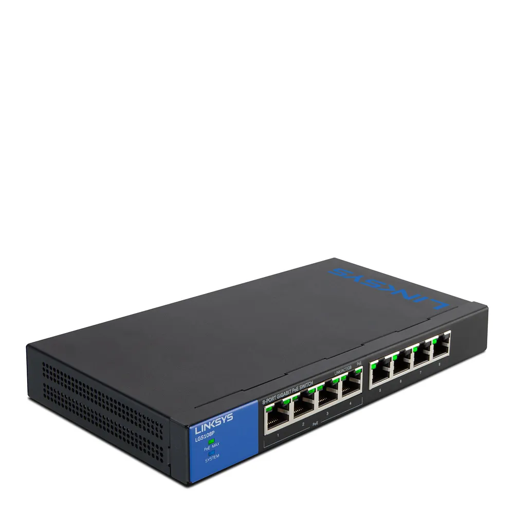 Linksys LGS108P - Kytkin - hallitsematon - 4 x 10/100/1000 (PoE+) + 4 x 10/100/1000 - työpöytä, seinään asennettava - PoE+ (50 W) - AC 100/230 V