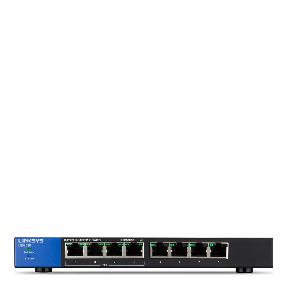 Linksys LGS108P - Kytkin - hallitsematon - 4 x 10/100/1000 (PoE+) + 4 x 10/100/1000 - työpöytä, seinään asennettava - PoE+ (50 W) - AC 100/230 V