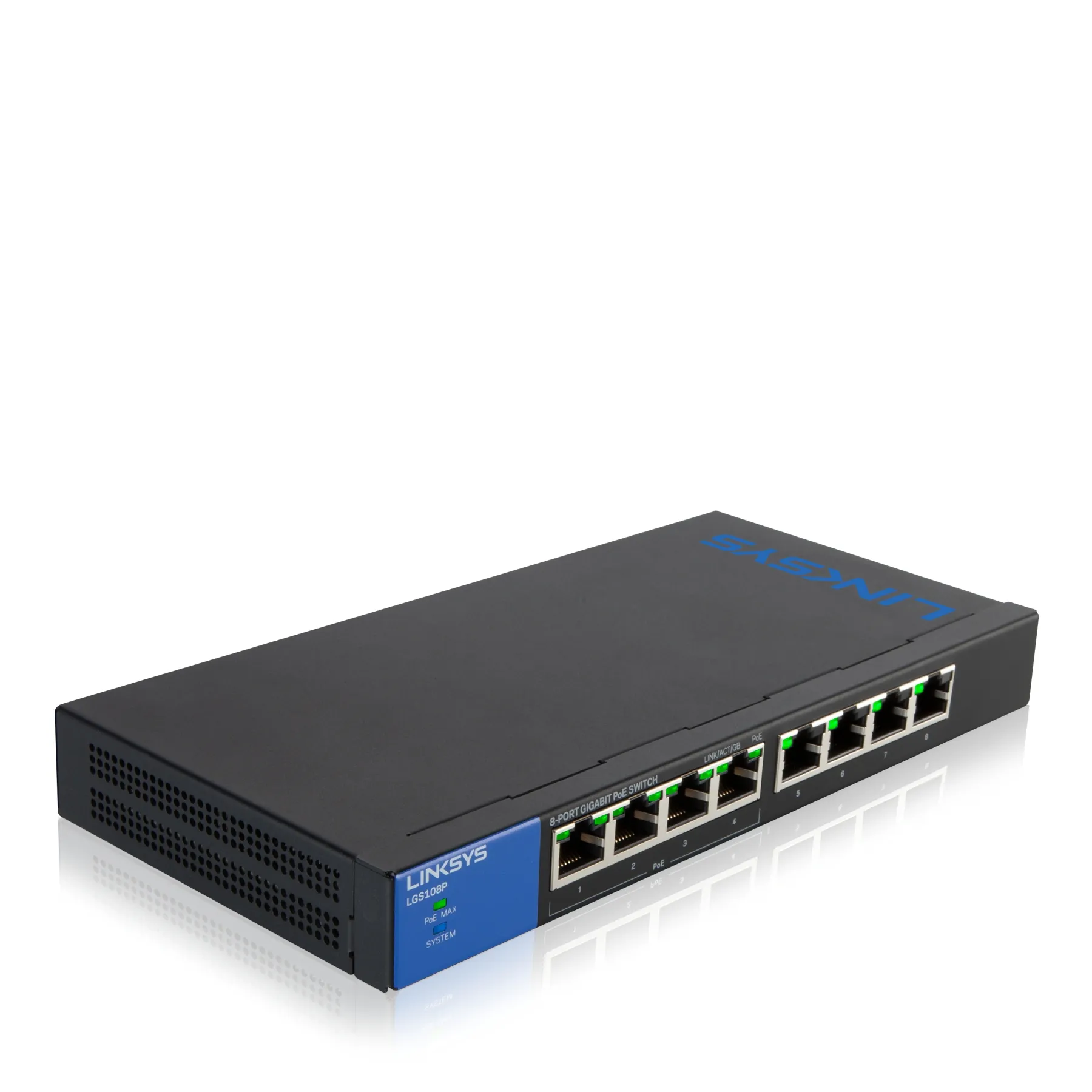 Linksys LGS108P - Kytkin - hallitsematon - 4 x 10/100/1000 (PoE+) + 4 x 10/100/1000 - työpöytä, seinään asennettava - PoE+ (50 W) - AC 100/230 V