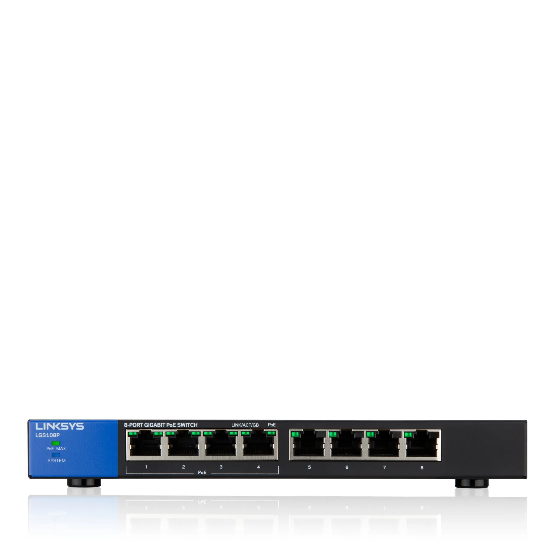 Linksys LGS108P - Kytkin - hallitsematon - 4 x 10/100/1000 (PoE+) + 4 x 10/100/1000 - työpöytä, seinään asennettava - PoE+ (50 W) - AC 100/230 V