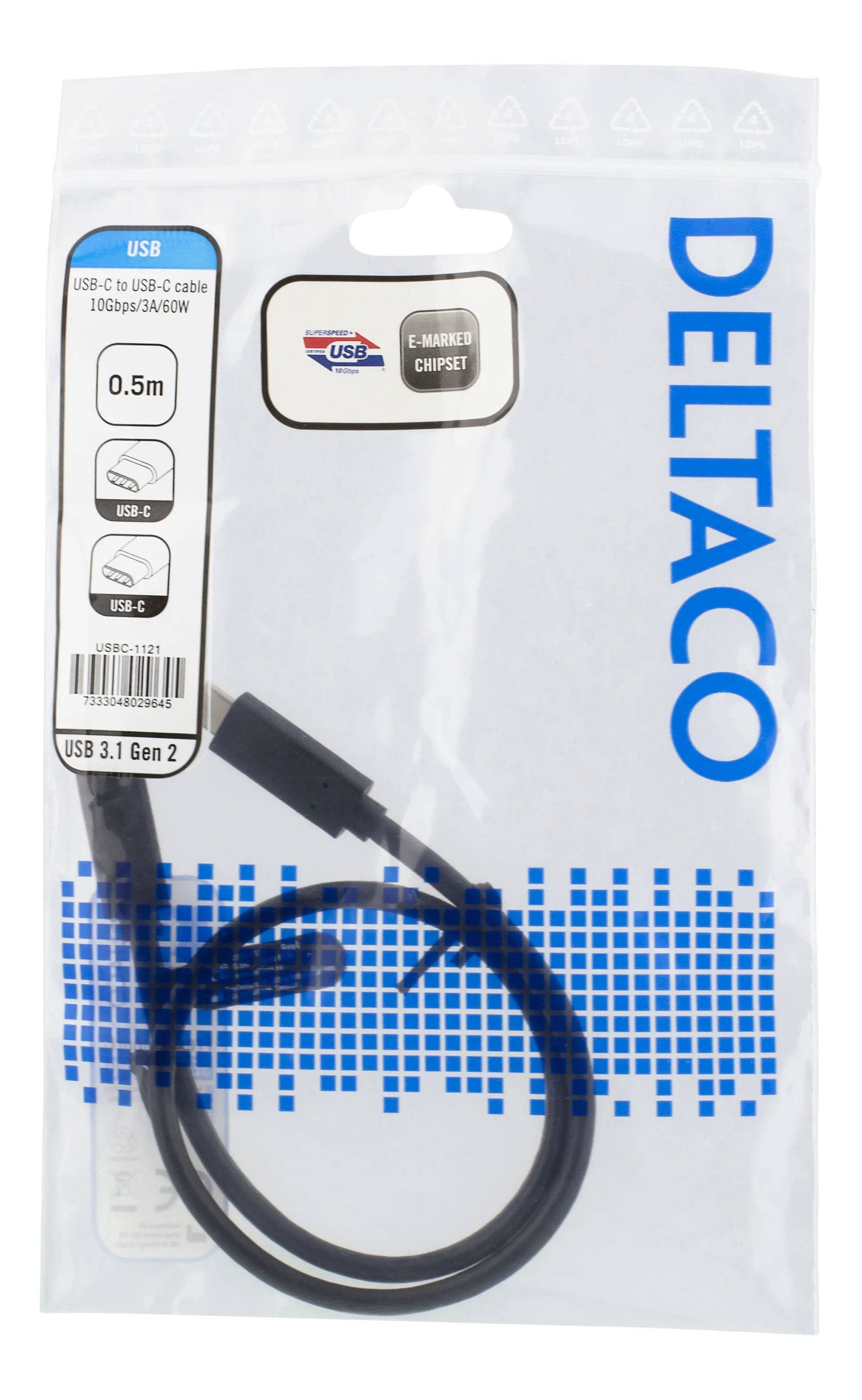 Deltaco USB-C – USB-C 3.2 Gen 2 - cable, 0.5 m, Black