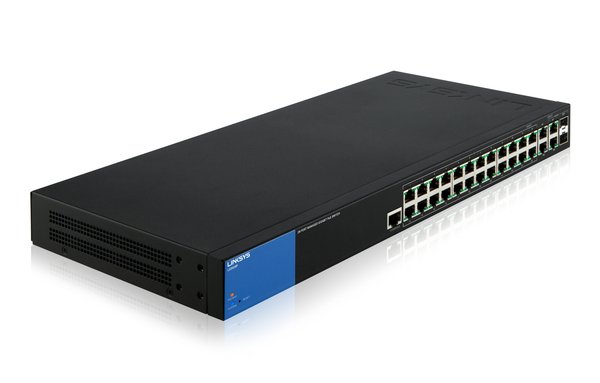 Linksys LGS528P - Kytkin - Hallinnoitu - 26 x 10/100/1000 (PoE+) + 2 x combo Gigabit SFP - r&auml;kkiin asennettava - PoE+ (192 W) - AC 100/230 V