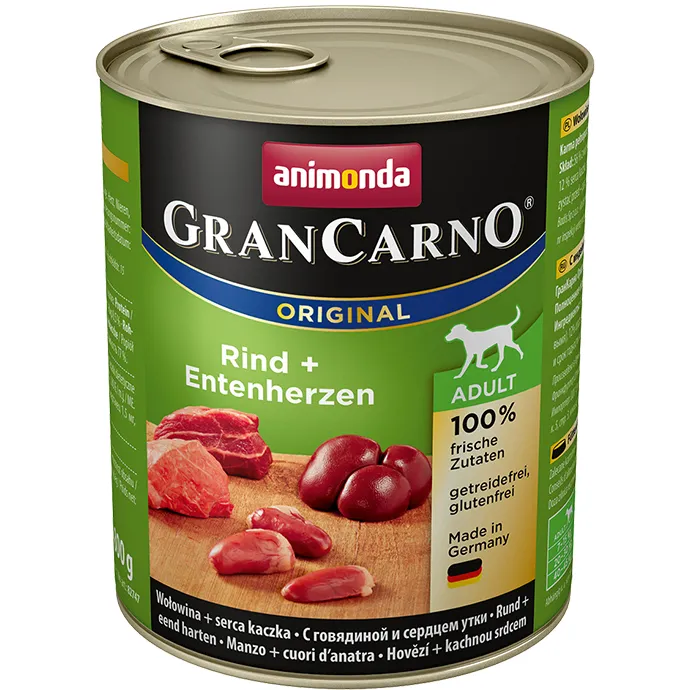 Animonda GranCarno Adult Beef + Duck Hearts, Koiran märkäruoka, Viljaton, 800 g